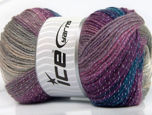 Lot of 4 x 100gr Skeins Ice Yarns MAGIC GLITZ Yarn Grey Shades Purple Shades Blue Silver
