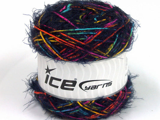 Lot of 2 x 150gr Skeins ICE SALE EYELASH BLEND Yarn Dark Navy Rainbow