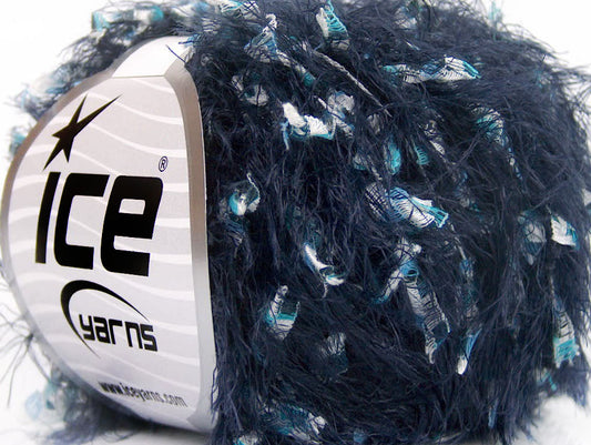 Lot of 8 Skeins ICE SALE EYELASH BLEND Hand Knitting Yarn Navy Blue White