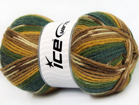 Lot of 4 x 100gr Skeins Ice Yarns JACQUARD (50% Wool) Yarn Green Shades Gold Brown Shades