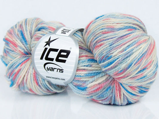 Lot of 3 x 100gr Skeins Ice Yarns HAND DYED SILK (15% Silk 85% Superwash Merino Wool) Yarn Blue Shades Pink Shades Ecru