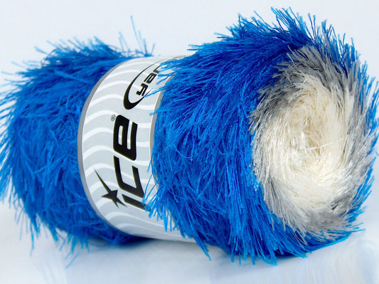 250 gr ICE YARNS EYELASH WHEELS Hand Knitting Yarn Saxe Blue Grey Cream