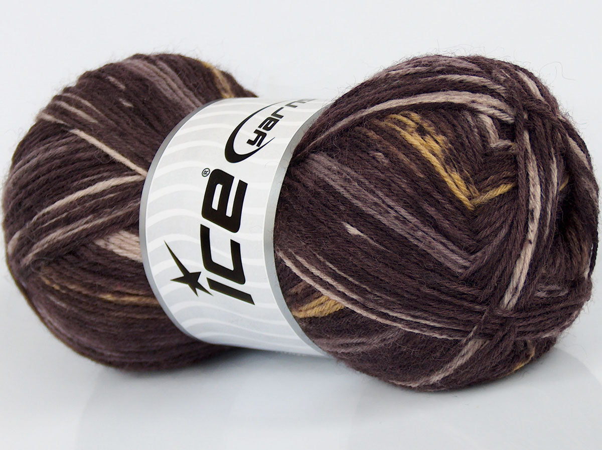 Lot of 4 x 100gr Skeins Ice Yarns VARICOLORED SOCK (75% Superwash Wool) Yarn Maroon Shades Yellow Camel Beige