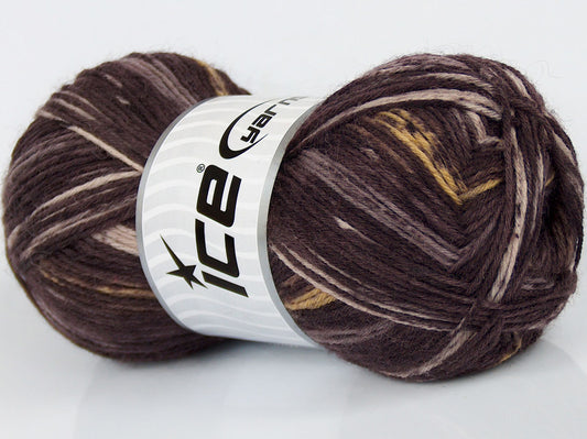 Lot of 4 x 100gr Skeins Ice Yarns VARICOLORED SOCK (75% Superwash Wool) Yarn Maroon Shades Yellow Camel Beige