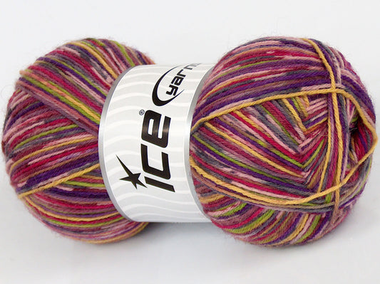Lot of 4 x 100gr Skeins Ice Yarns MULTICOLOR SOCK (75% Superwash Wool) Yarn Pink Shades Green Purple Yellow