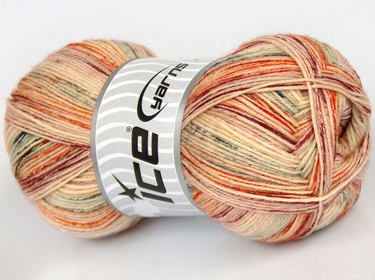 Lot of 4 x 100gr Skeins Ice Yarns SPRAY PAINTED SOCK (75% Superwash Wool) Yarn Cream Orange Dark Green Burgundy