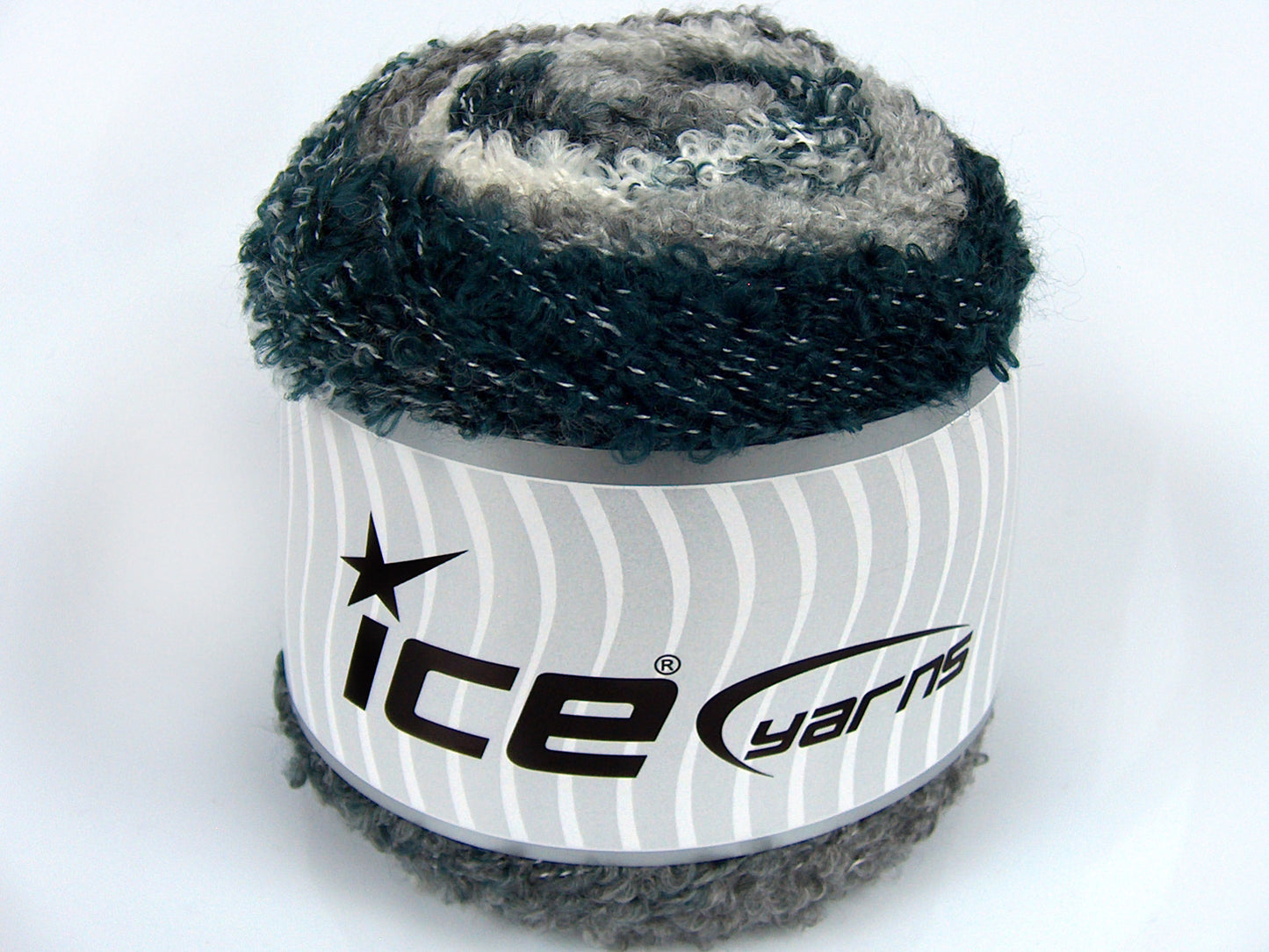 Lot of 2 x 150gr Skeins Ice Yarns CAKES BOUCLE FUN (13% Mohair) Yarn White Light Grey Oil Blue