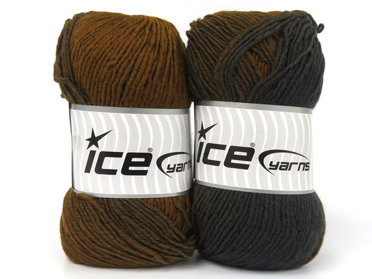 Lot of 2 x 150gr Skeins Ice Yarns BEVILLE (25% Wool) Yarn Brown Grey