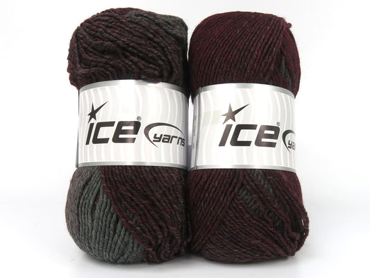 Lot of 2 x 150gr Skeins Ice Yarns CANTERBURY (25% Wool) Yarn Burgundy Grey
