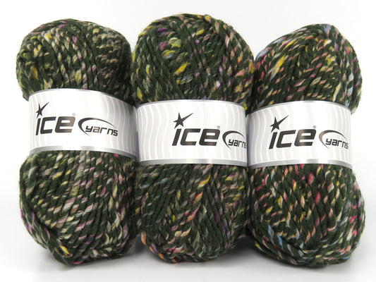 Lot of 3 x 115gr Skeins Ice Yarns BROOKLYN (10% Wool) Yarn Green Rainbow
