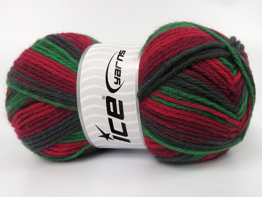 Lot of 3 x 125gr Skeins Ice Yarns MERRY SOCK (75% Superwash Wool) Yarn Green Shades Burgundy Red Maroon