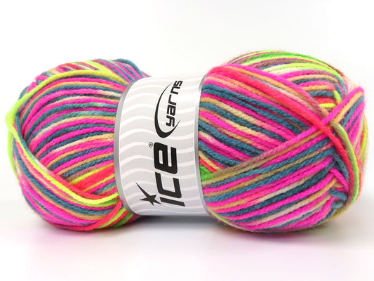 Lot of 4 x 100gr Skeins Ice Yarns WOOL VARICOLOR LIGHT (25% Wool) Yarn Pink Orange Shades Green Shades