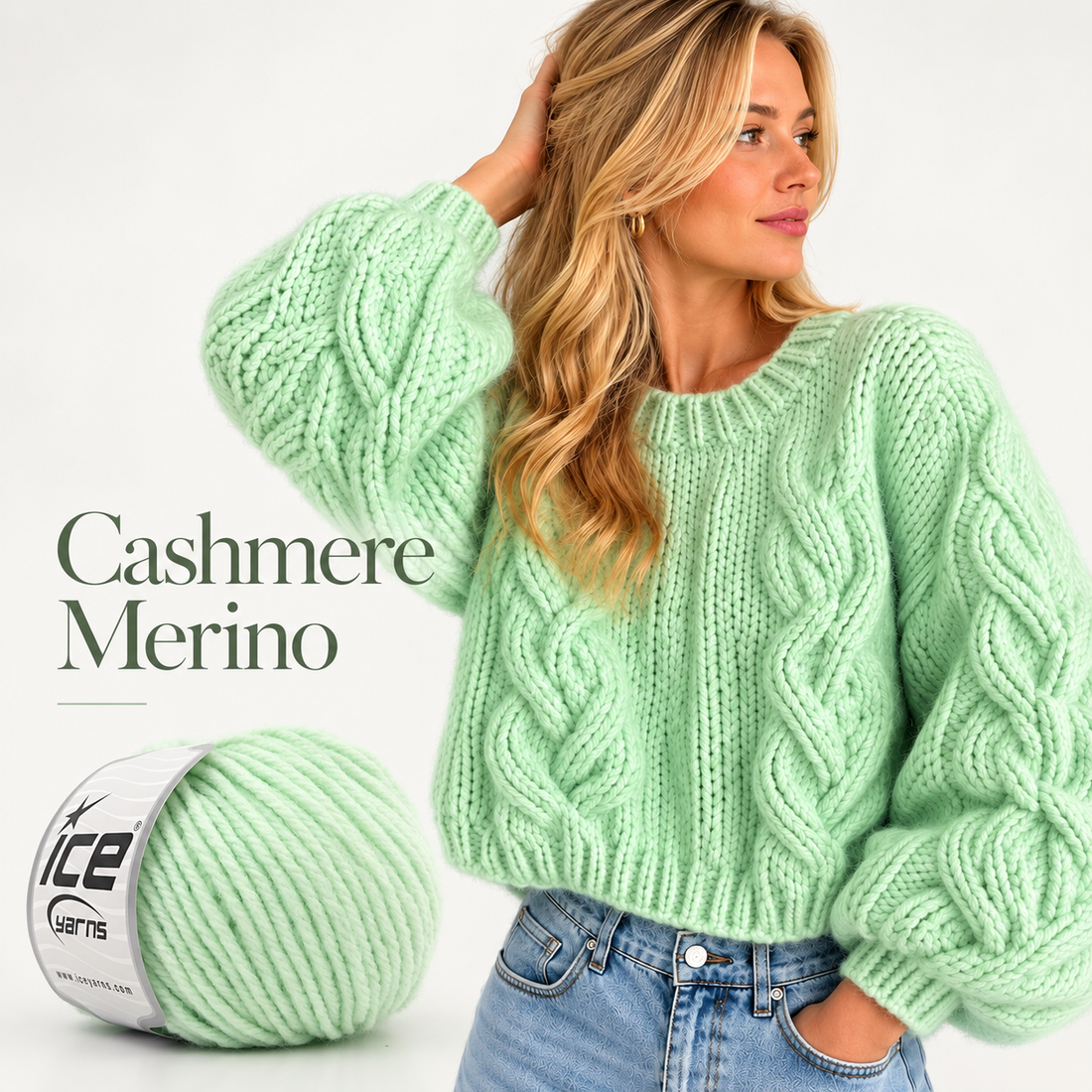 Mint Cashmere Merino Cable Crop Sweater (Free Knitting Pattern)