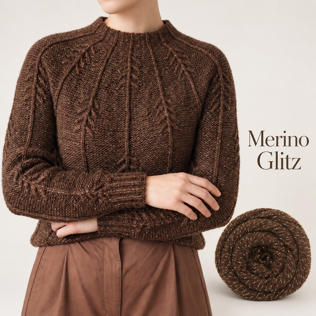Chocolate Merino Glitz Cable Yoke Sweater (Free Knitting Pattern)