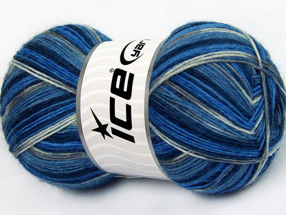 Lot of 4 x 100gr Skeins Ice Yarns MAGIC SOCK (75% Superwash Wool) Yarn Blue Shades White