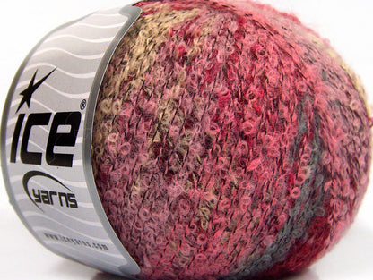 Lot of 8 Skeins ICE SALE BOUCLE (18% Wool 18% Viscose) Yarn Pink Shades Red Light Camel Grey