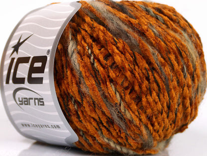 Lot of 8 Skeins Ice Yarns CHENILLE WOOL FLAMME (15% Wool) Yarn Orange Brown Shades Black