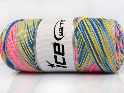 Lot of 2 x 200gr Skeins Ice Yarns SAVER COLOR LIGHT Yarn Blue Shades Yellow Pink