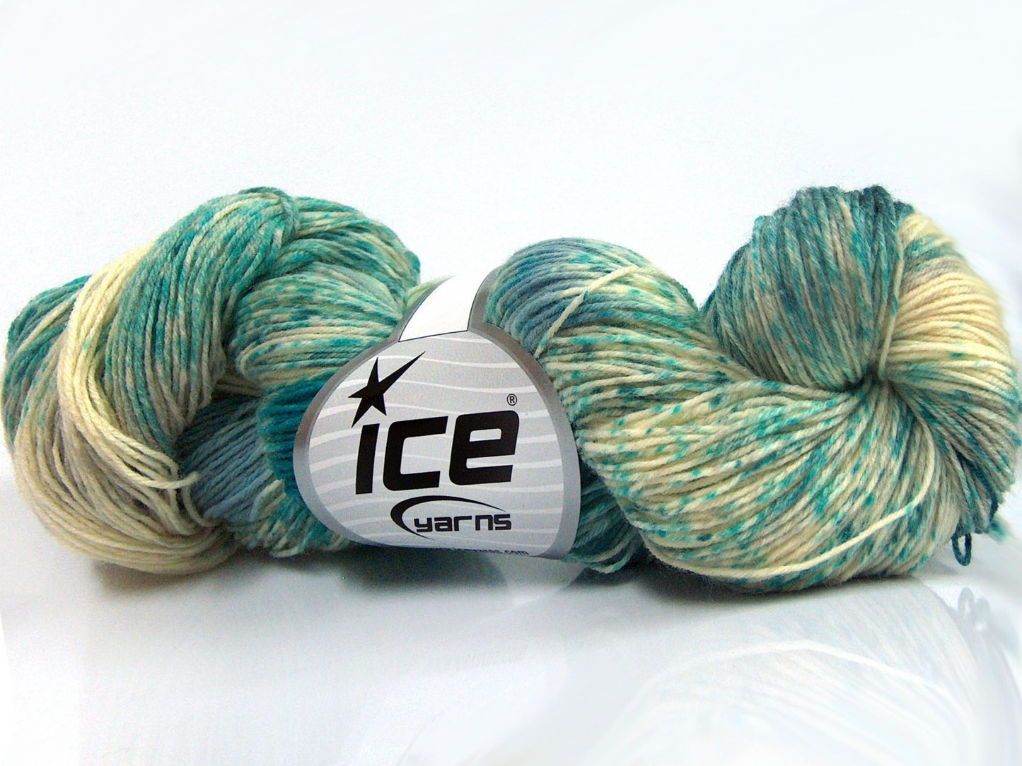 Lot of 4 x 100gr Skeins Ice Yarns HAND DYED SOCK YARN (75% SuperWash Wool) Yarn Turquoise Shades Cream