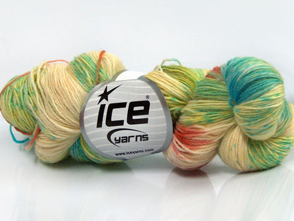 Lot of 4 x 100gr Skeins Ice Yarns HAND DYED SOCK YARN (75% SuperWash Wool) Yarn Green Shades Cream Turquoise Orange
