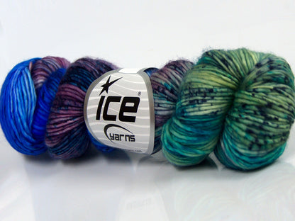 Lot of 2 x 100gr Skeins Ice Yarns HAND DYED SUPERWASH MERINO (100% Superwash Merino Wool) Yarn Blue Shades Green Shades Lilac Shades
