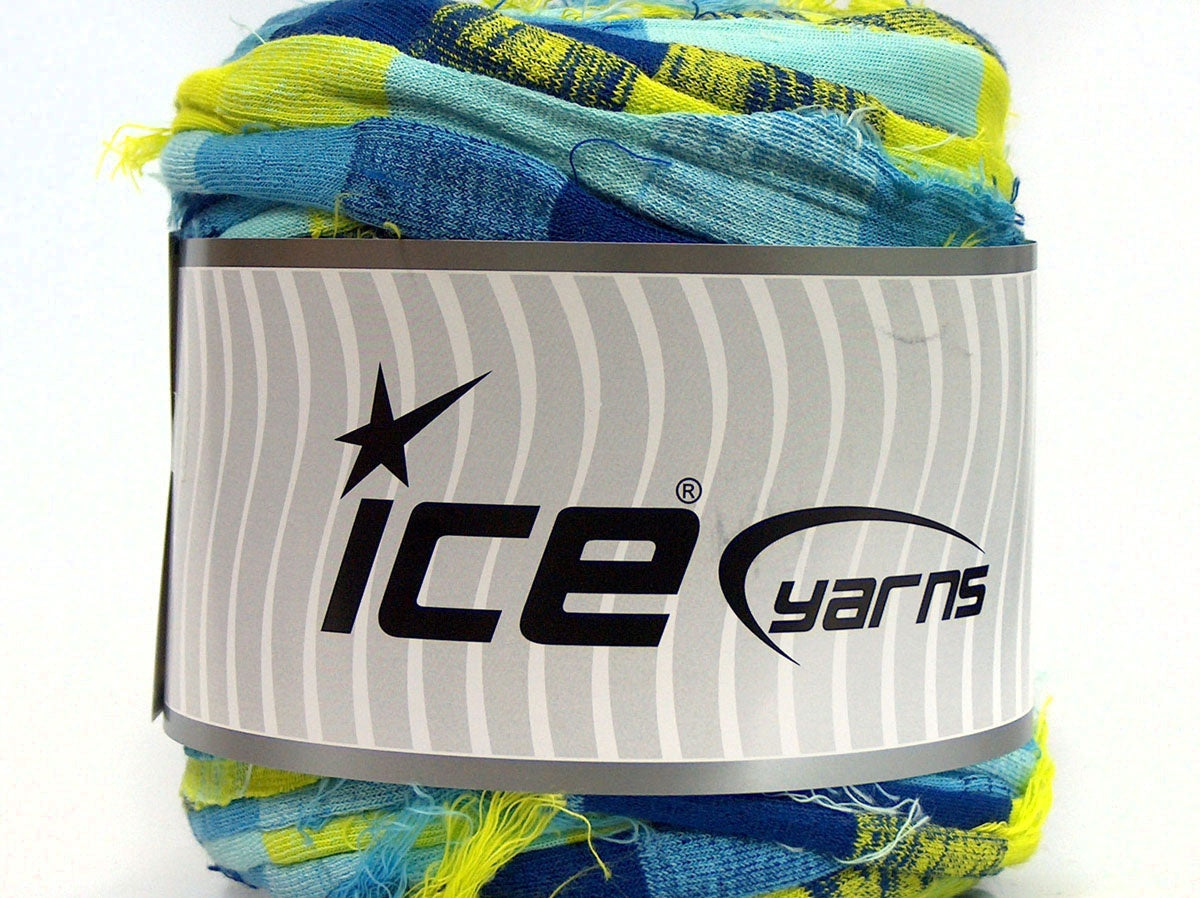 600 gr ICE YARNS UPCYCLED FABRIC 600 (95% Cotton 5% Elastan) Yarn Blue Shades Neon Green