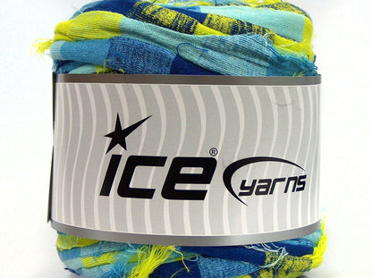 600 gr ICE YARNS UPCYCLED FABRIC 600 (95% Cotton 5% Elastan) Yarn Blue Shades Neon Green
