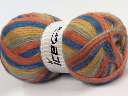 Lot of 2 x 180gr Skeins Ice Yarns SALE SELF-STRIPING Yarn Salmon Light Grey Blue Gold