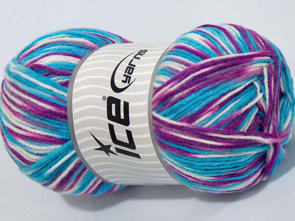 300 gr ICE YARNS SALE SELF-STRIPING Hand Knitting Yarn Turquoise Purple White