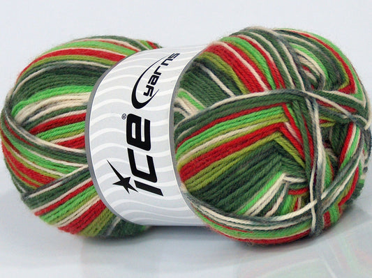 Lot of 4 x 95gr Skeins Ice Yarns SALE SOCK YARN (75% Superwash Wool) Yarn Cream Green Shades Red