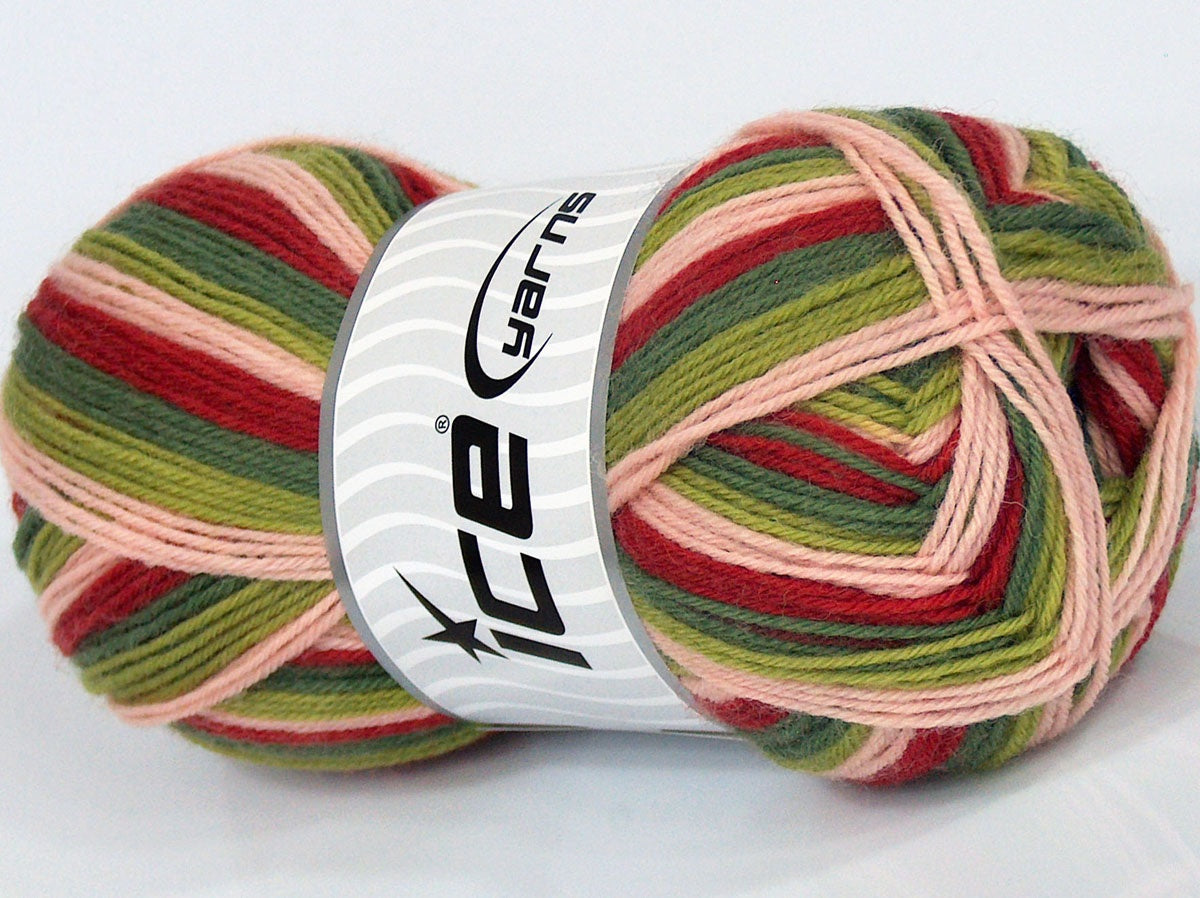 Lot of 4 x 100gr Skeins Ice Yarns PRINT SOCK (75% Superwash Wool) Yarn Light Beige Red Green Shades