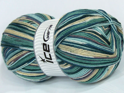 280 gr ICE YARNS SALE SELF-STRIPING Yarn Turquoise Shades Cream Camel White