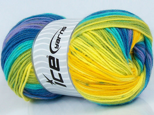Lot of 4 x 100gr Skeins Ice Yarns SALE SELF-STRIPING Yarn Turquoise Blue Shades Green Yellow Lilac
