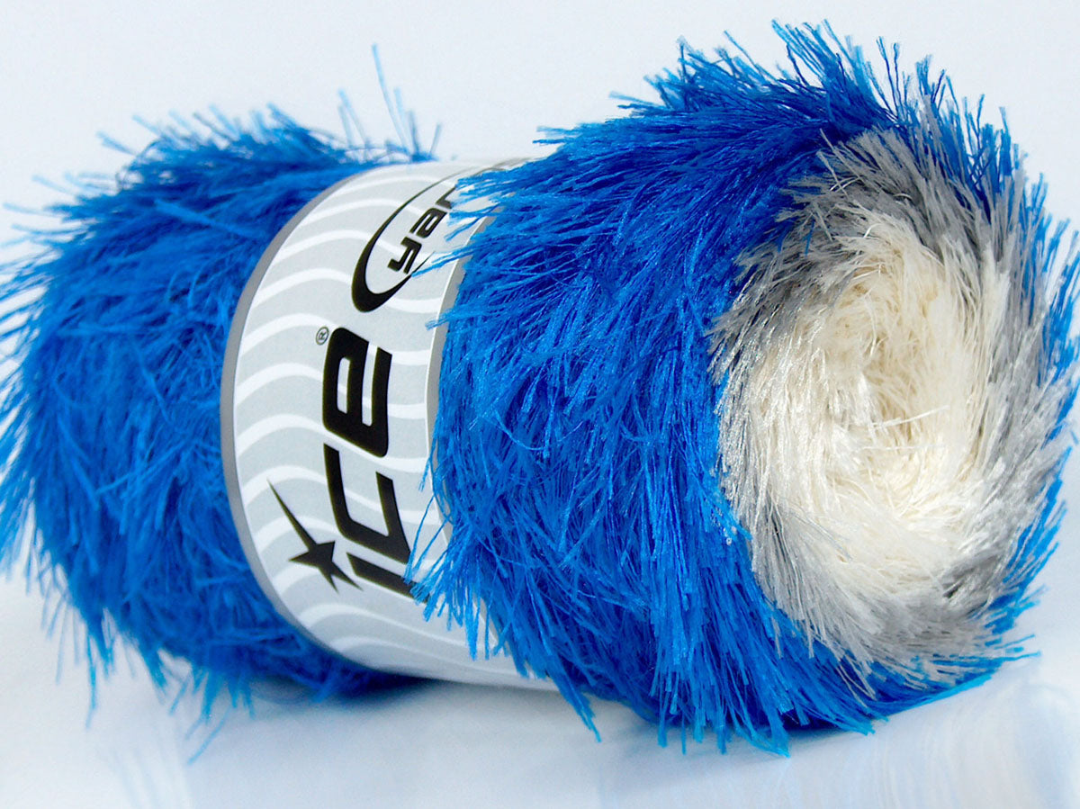 250 gr ICE YARNS EYELASH WHEELS Hand Knitting Yarn Saxe Blue Grey Cream