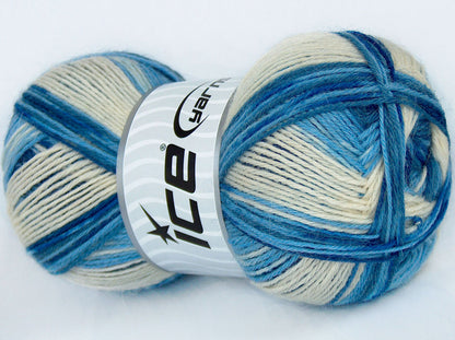 Lot of 4 x 100gr Skeins Ice Yarns COLORWAY SOCK (75% Superwash Wool) Yarn Blue Shades Cream