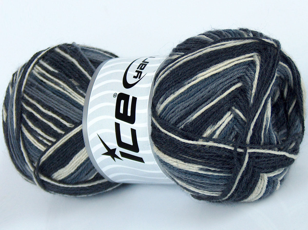 Lot of 4 x 100gr Skeins Ice Yarns COLORWAY SOCK (75% Superwash Wool) Yarn Black Grey Shades Cream