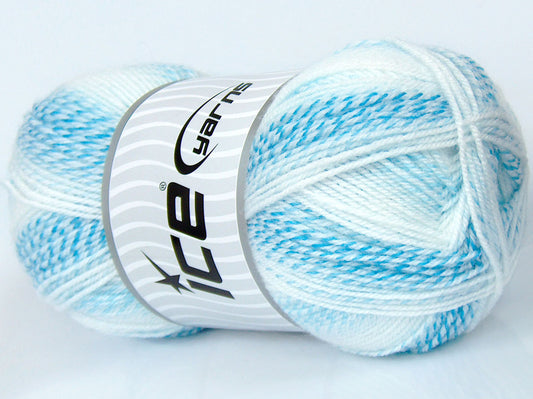 200 gr ICE YARNS SALE SELF-STRIPING Hand Knitting Yarn White Blue Shades