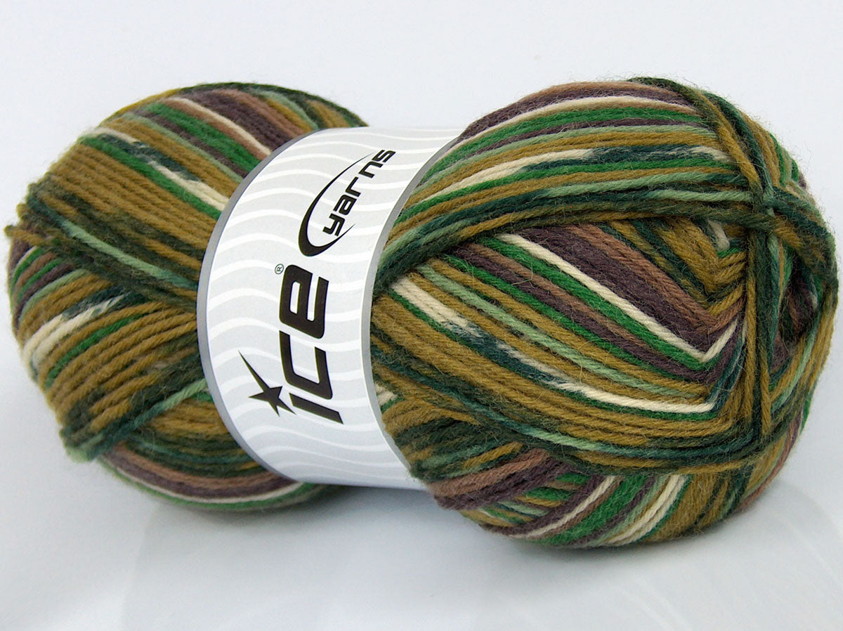Lot of 2 x 150gr Skeins Ice Yarns GLAMOR SOCK (75% Superwash Wool) Yarn Green Shades Cream Brown Shades