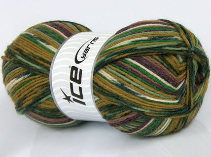 Lot of 2 x 150gr Skeins Ice Yarns GLAMOR SOCK (75% Superwash Wool) Yarn Green Shades Cream Brown Shades