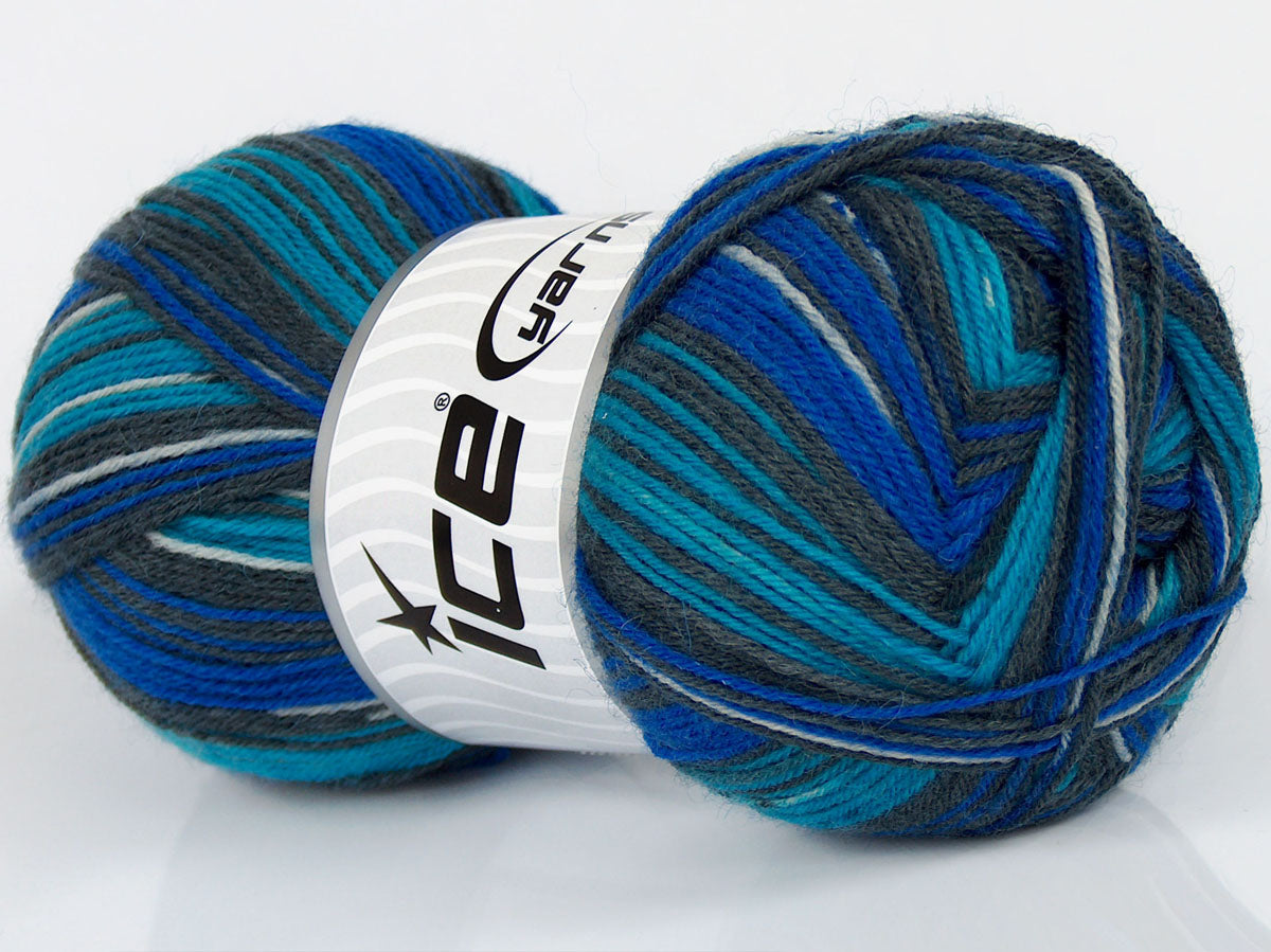 Lot of 4 x 100gr Skeins Ice Yarns VARICOLORED SOCK (75% Superwash Wool) Yarn Turquoise Grey Black Blue White