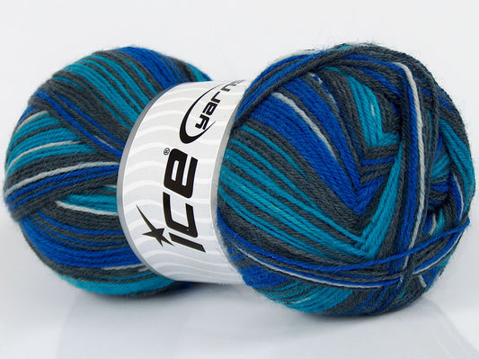 Lot of 4 x 100gr Skeins Ice Yarns VARICOLORED SOCK (75% Superwash Wool) Yarn Turquoise Grey Black Blue White