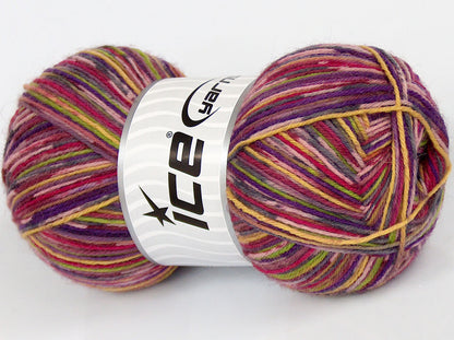 Lot of 4 x 100gr Skeins Ice Yarns MULTICOLOR SOCK (75% Superwash Wool) Yarn Pink Shades Green Purple Yellow