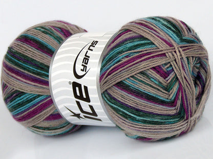 Lot of 4 x 100gr Skeins Ice Yarns VARICOLORED SOCK (75% Superwash Wool) Yarn Fuchsia Blue Beige Dark Green Lilac