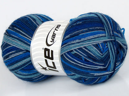 Lot of 4 x 100gr Skeins Ice Yarns VARICOLORED SOCK (75% Superwash Wool) Yarn Blue Shades