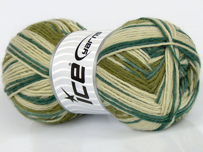 Lot of 3 x 110gr Skeins Ice Yarns SALE SOCK YARN (75% Superwash Wool) Yarn Green Shades Cream
