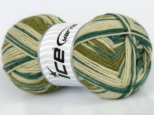 Lot of 3 x 110gr Skeins Ice Yarns SALE SOCK YARN (75% Superwash Wool) Yarn Green Shades Cream