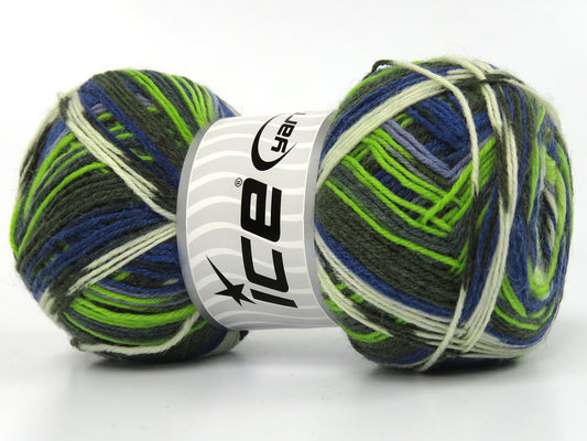 Lot of 4 x 100gr Skeins Ice Yarns COLORWAY SOCK (75% Superwash Wool) Yarn Green Shades Cream Navy