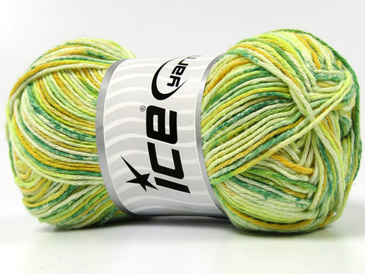 Lot of 4 x 100gr Skeins Ice Yarns NATURAL COTTON PRINT (100% Cotton) Yarn Green Shades Yellow Shades