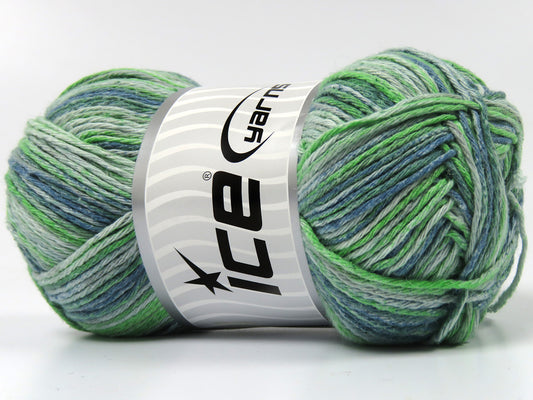 Lot of 4 x 100gr Skeins Ice Yarns NATURAL COTTON PRINT (100% Cotton) Yarn Green Shades Blue Grey