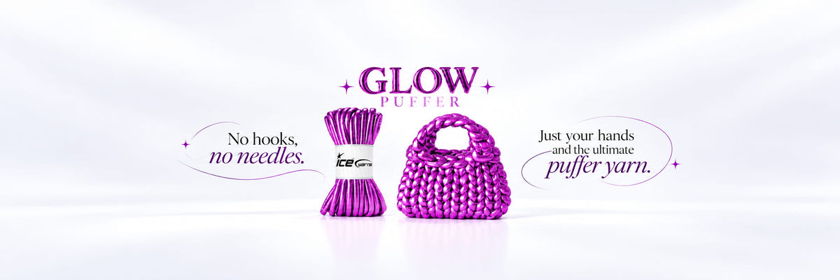 Glow Puffer yarn in metallic purple with a hand-woven puffer bag – no hooks, no needles